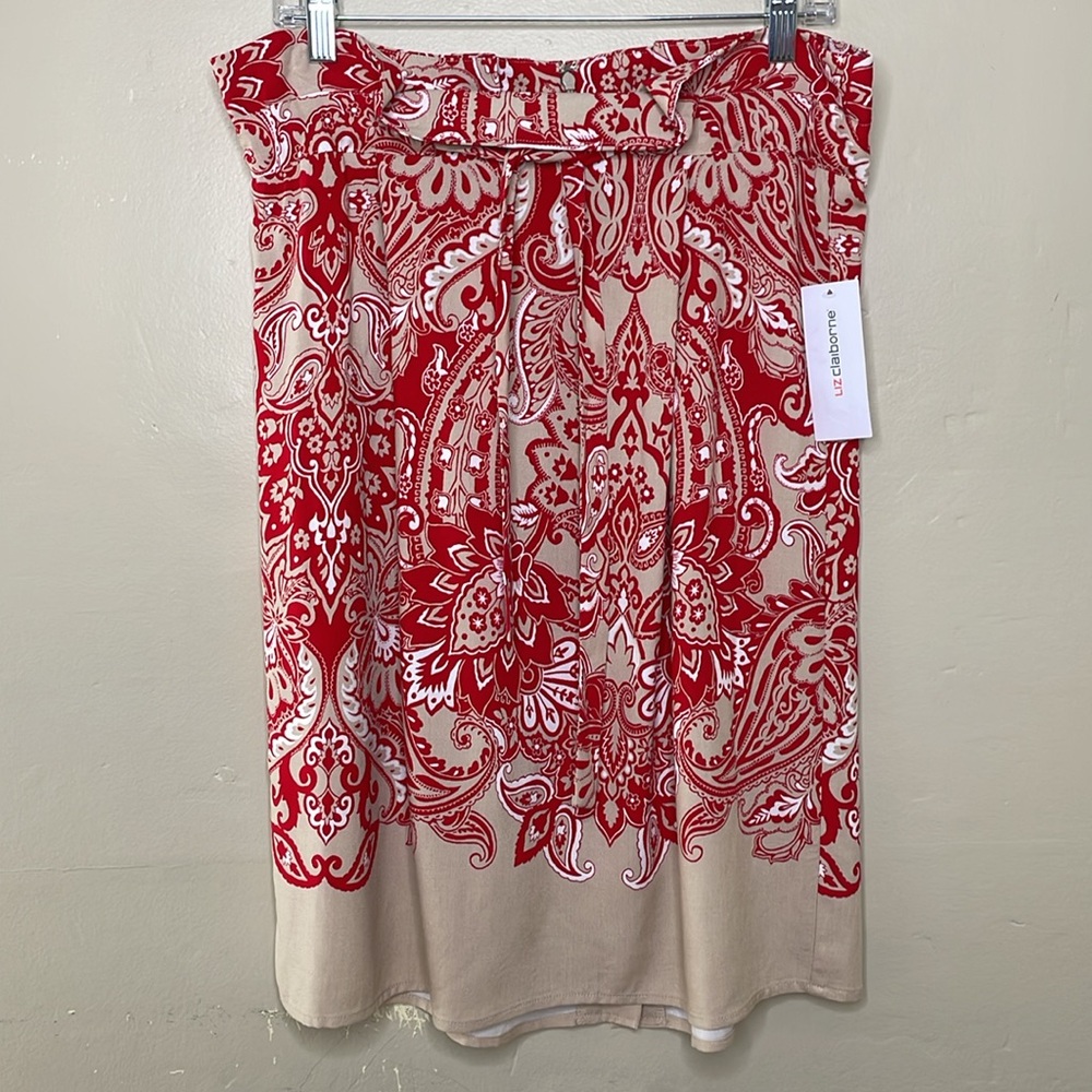 LIZ CLAIBORNE Skirt Red & Tan Paisley Paper Bag Waist Attached Belt Rayon - Picture 1 of 11